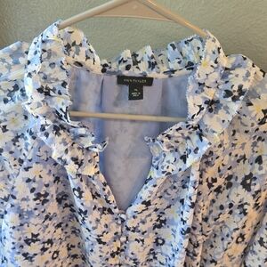 Ann Taylor Blue and White Ruffled Blouse with Peter Pan Collar